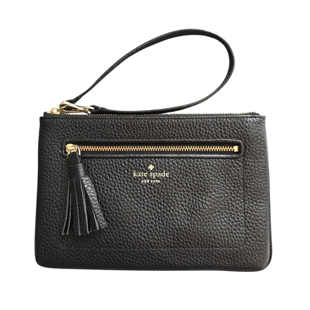 Kate Spade Chester Street Tinie Pebbled Leather Wristlet Clutch Tassel Black EUC